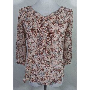 Elle Top Small Floral Multicolor Ruffle V Neck Sheer Three Fourth Sleeve